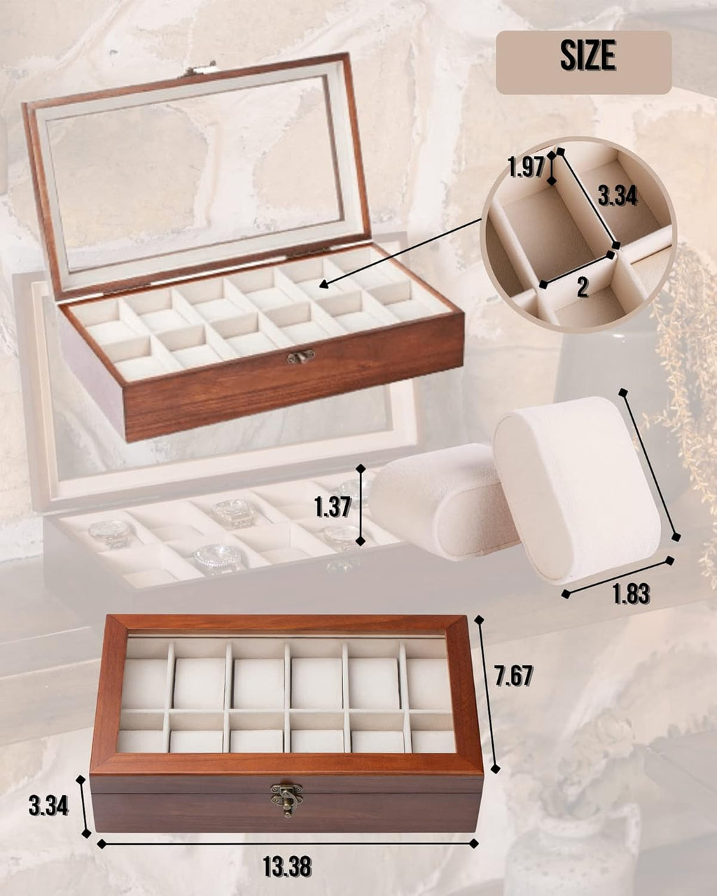 Watch Box, Watch Case for Men Women with Large Glass Lid, Wooden Watch Display Storage Box with 12 - Slots, Classic Walnut Mens Watch Box Organizer