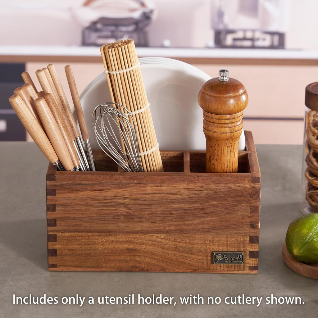 Acacia Wood Utensil Holder, Paper Plate Dispenser Organizer for Countertop - 4 Compartment Silverware Caddy for Friendsgiving Party - Cutlery Holder for Cup, Fork, Spoon, Kitchen, Camping