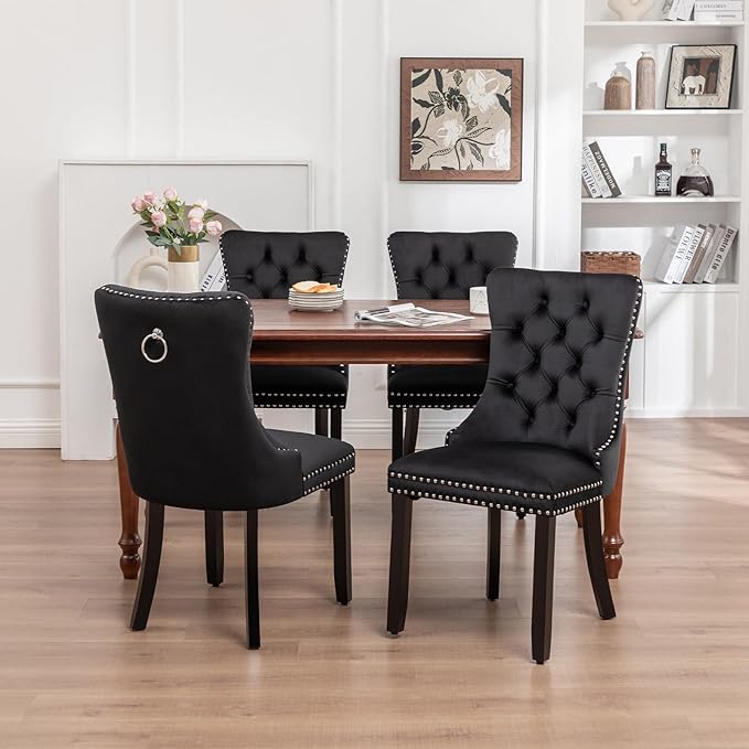 Velvet Dining Chairs Set of 4,Upholstered Dining Chairs with Ring Pull Trim and Button Back and Wood Legs, Modern Seating for Kitchen, Bedroom & Living Room(Black)