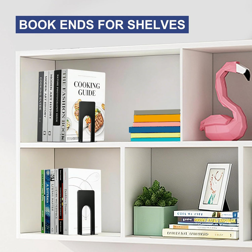Book Ends for Shelves, 4 Pack Metal Bookends, Compact Book Stopper for Small Books, CDs, Vinyl Records, Desk & Classroom Organizer, 3.9x2.8x5.2 Inch, Gift for Book Lovers