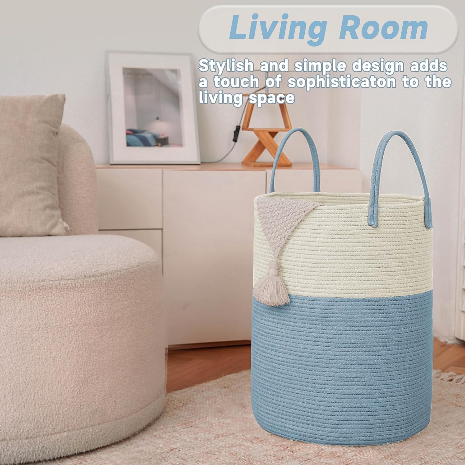 Large Woven Laundry Basket Hamper,80L Cotton Rope Storage Bin for Blankets,Toys and Clothes,Decorative Tall Nursery Hamper for Living Room,Baby Nursery,Bathroom and Bedroom,White and Blue