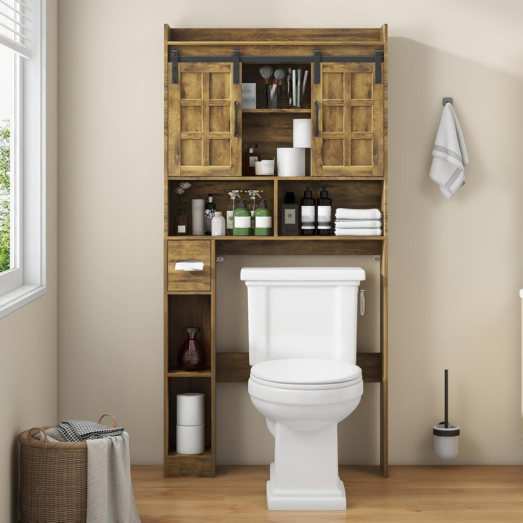 Over The Toilet Storage Cabinet, Farmhouse Storage Cabinet Over Toilet with Sliding Doors，Home Space-Saving Toilet Rack, for Bathroom, Restroom, Laundry. Brown
