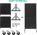 Eastern Tree 2.5'x 6' Metal Pegboard Display Stand with T-Base, Black Peg Board Panels Display with Casters, Standing Pegboard Display, Retail Display Stand, Extra 10 Pieces Hooks, Black