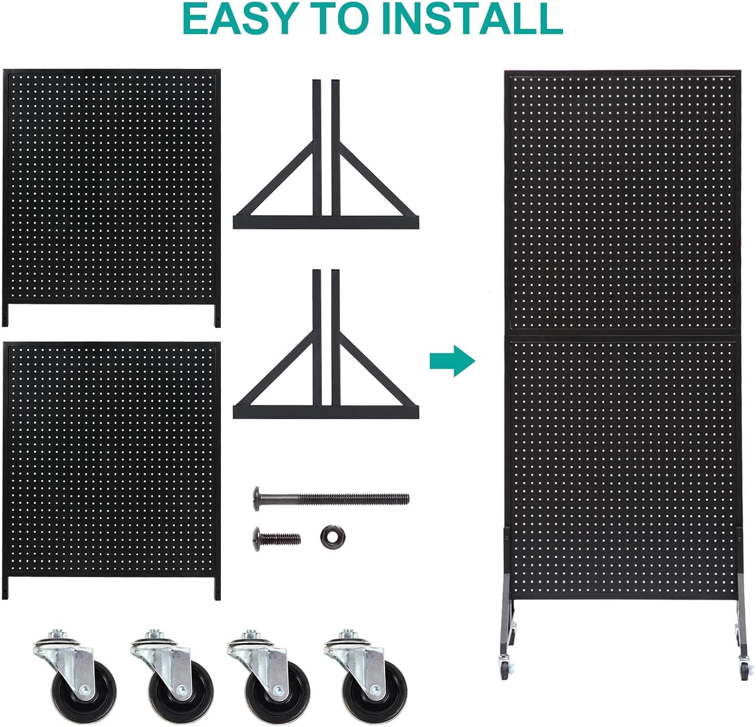 Eastern Tree 2.5'x 6' Metal Pegboard Display Stand with T-Base, Black Peg Board Panels Display with Casters, Standing Pegboard Display, Retail Display Stand, Extra 10 Pieces Hooks, Black