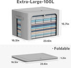 CYhom 3Pack Frame Storage Box - Clothes Storage Bin Bags Oxford Fabric Foldable Stackable Container Organizer Set with Clear Window & Carry Handles (Grey, Extra Large-100L)