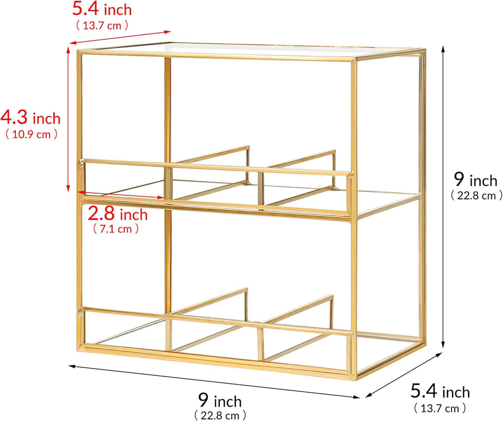 Glass Tea Bag Organizer for Counter, 2-Tier Teabag Organizer Storage Holder for Tea Bags, Glass Caddy Box Containers, Rack Teabag Station Stand for Cabinet Kitchen, 2-Tier, Gold