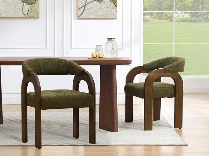 Farmhouse Dining Chairs Set of 2 - Upholstered Armchairs with Chenille Cushions & Curved Wooden Arms, Barrel Wood Kitchen Chairs for Dining Room/Cafe/Kitchen Island (Sage Green)