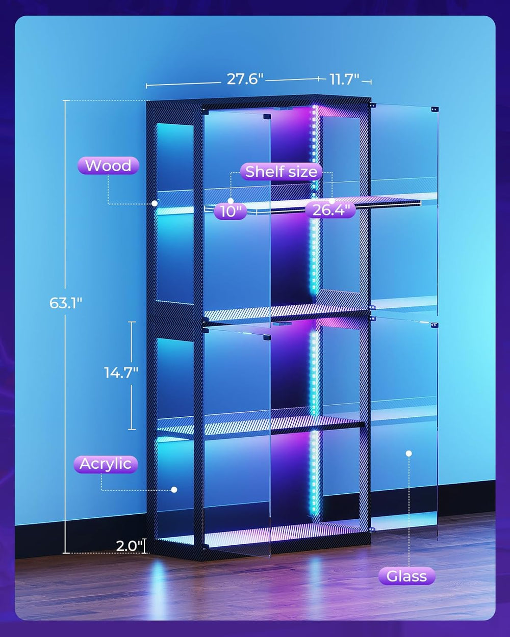 AODK Display Cabinet with Glass Door, 4-Tier Display Case with LED Lights, Di...