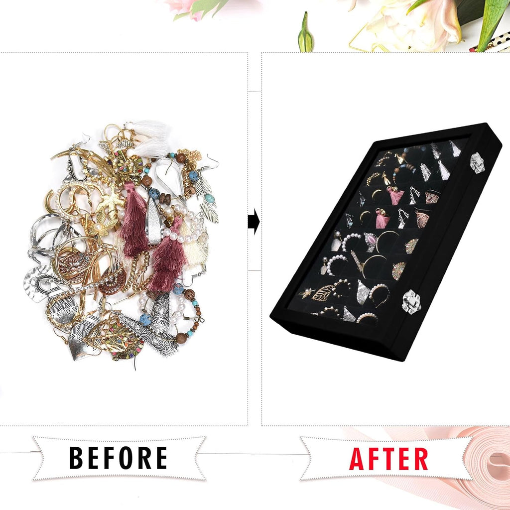 Velvet Jewelry Tray 48 Grid Jewelry Display Tray Organizer Box with Transparent Lid Rings Earrings Necklaces Pendants Display Box Suitable for Women and Girls (Black)