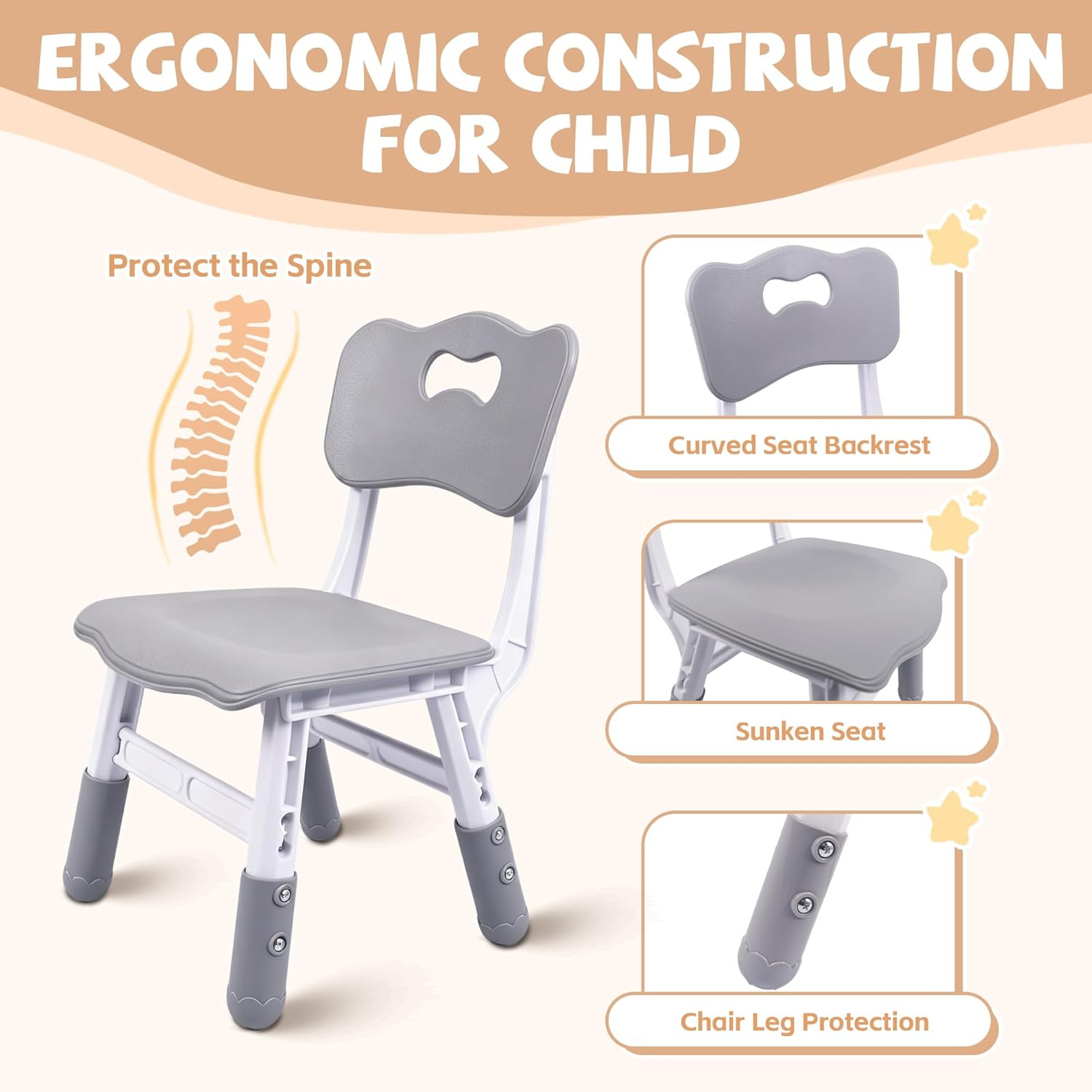 Pterying Kids Table and Chairs Set - 23.6" L x 23.6" W Height Adjustable Toddler Desk, Non-Slip Toddler Table with Graffiti Desktop for Ages 2-8, for Home Preschool Classroom Daycare, Grey