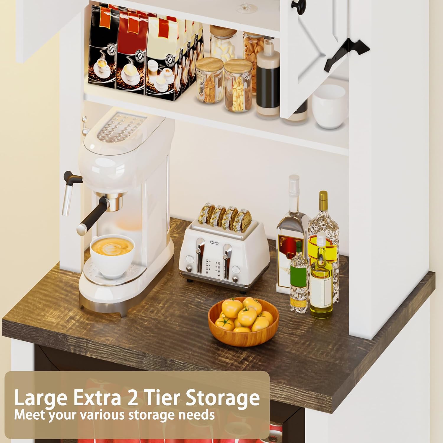73'' Tall Mini Fridge Cabinet with Storage Hutch, Farmhouse Coffee Bar with Mini Fridge Space, Wine Bar Cabinet for Kitchen, Dining Room, Living Room