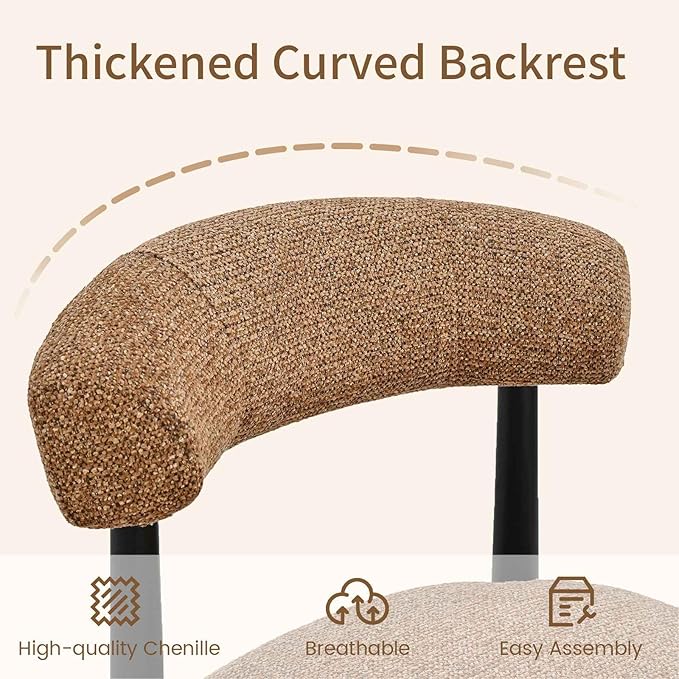 VKNOW Wooden Dining Chairs Set of 2, Modern Upholstered Dining Room Chairs with Black Rubberwood Legs and Curved Backrest, Fabric Kitchen Chairs for Dining Room, Orange(Black Legs)