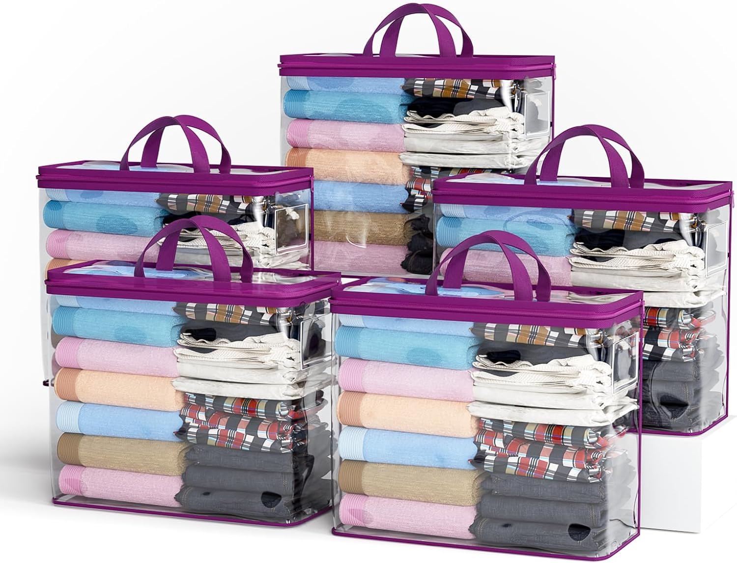 5PACK Clear Zippered Storage Bags for Clothes, 22L Closet Organizers Bag, and Blanket Storage Bags for Bedding, Linen, Blankets, Comforters, Clothing & Toys (Purple)
