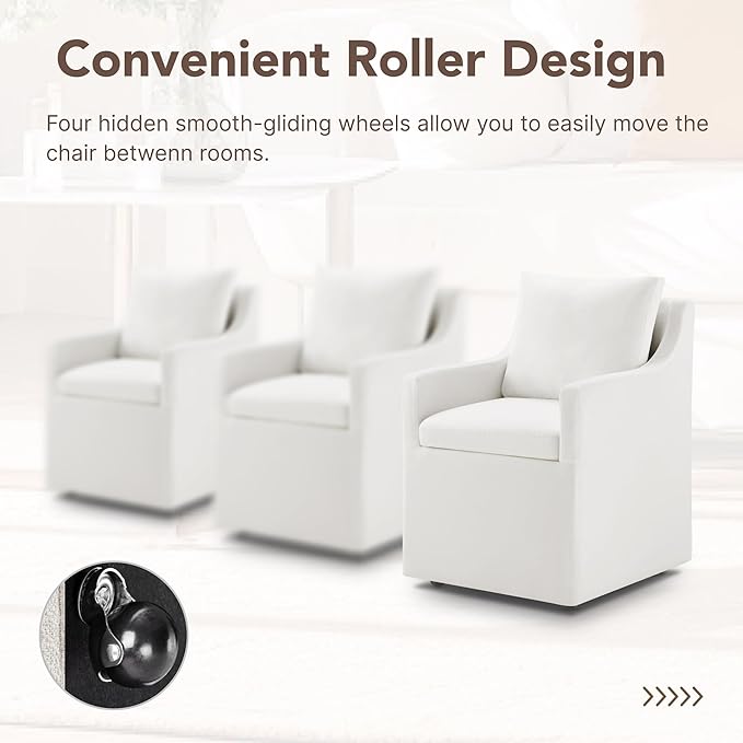 Upholstered Dining Chairs Set of 1, Modern Dining Room Chairs with Casters & Washable Cover, Rolling Accent Chair with Hidden Storage for Kitchen, Farmhouse, Living Room, White, 1 Box