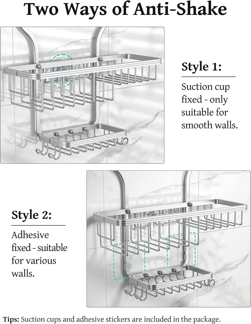 YASONIC Shower Caddy Hanging - Never Rust Shower Organizer - Aluminum Over The Head Caddy with 10 Hooks for Razor/Sponge - Rack with Soap Basket - Silver