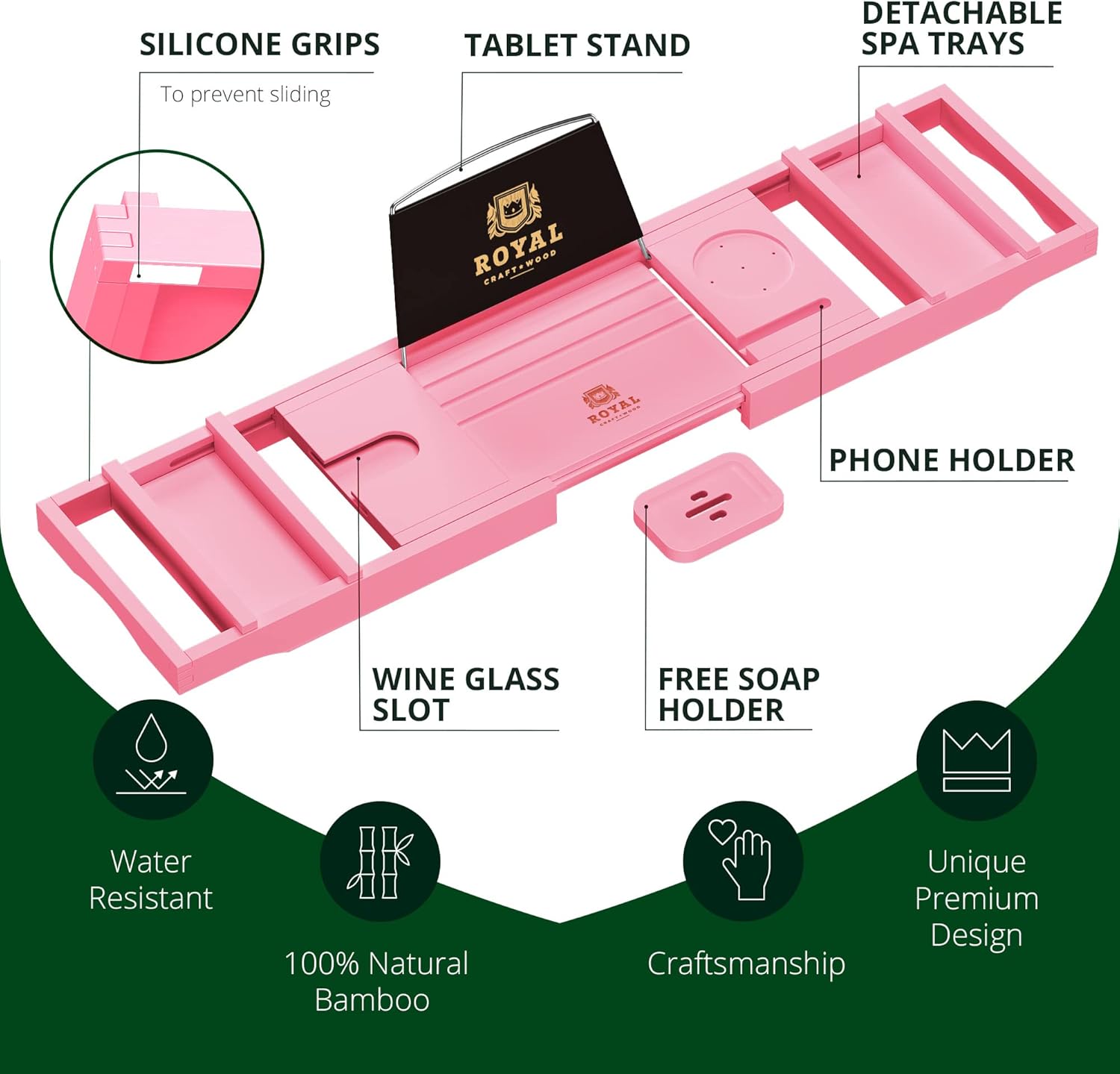 ROYAL CRAFT WOOD Non-Foldable Bathtub Tray - Wood Bath Tray for Tub, Bamboo Bathtub Shelf, Expandable Bath Table Trays, Luxury Bathroom Accessories for New Home & Unique Gift for Women