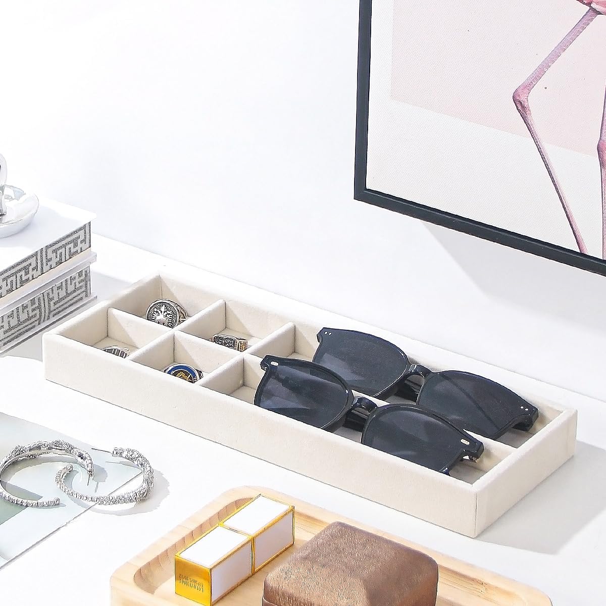 2Pcs Desk Drawer Storage Tray, Nightstand Organizer, Necklace Bracelet Ring Earring Jewelry Display, Grid Table Organizer Holder for Sunglass, Phone, Watch, Perfume (6 grid)/Beige