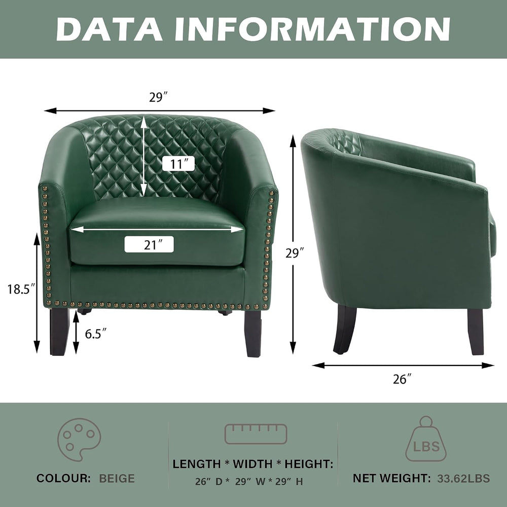 PU Leather Barrel Accent Chairs Set of 2, Upholstered Armchair, Green