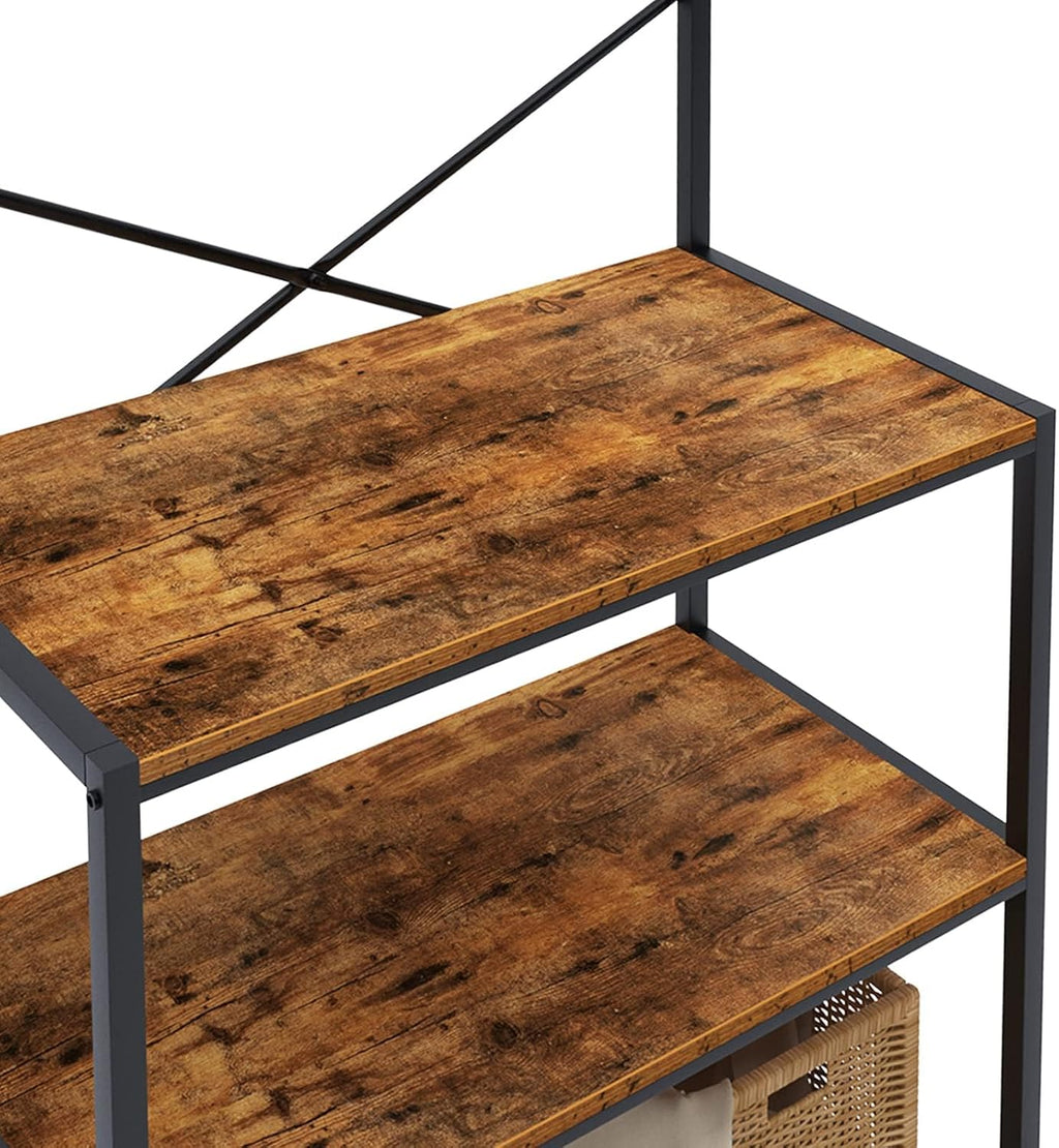 soges Kitchen Baker's Rack, 4-Tier Design, Microwave Stand, Rustic Brown, Utility Organizer, Mesh Bottom Panel, Free Standing with 5 Hooks