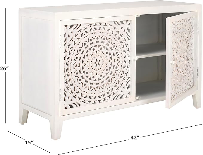SAFAVIEH Raelie TV Stand for up to 50" Flatscreen – White Washed, 2 Doors with Interior Storage, Entertainment Media Console Cabinet, Fully Assembled (MED5301A)