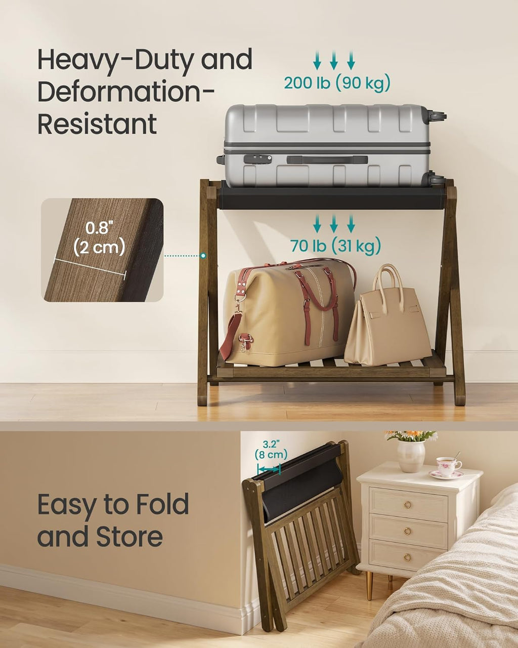SONGMICS Bamboo Luggage Rack, Foldable Suitcase Stand, Luggage Holder with Storage Shelf, PU Synthetic Leather, Fully Assembled, for Guest Room, Hotel, Bedroom, Walnut Brown URLR030KZ01