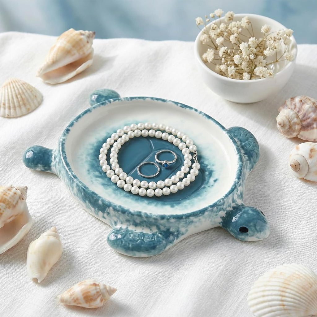 Potiera Sea Turtle Jewelry Tray, Handmade Ceramic Decorative Blue Ring Holder Trinket Dish for Earrings Necklace Key, Christmas Birthday Sea Turtle Gifts for Girls Women Mom, Coastal Ocean Beach Decor