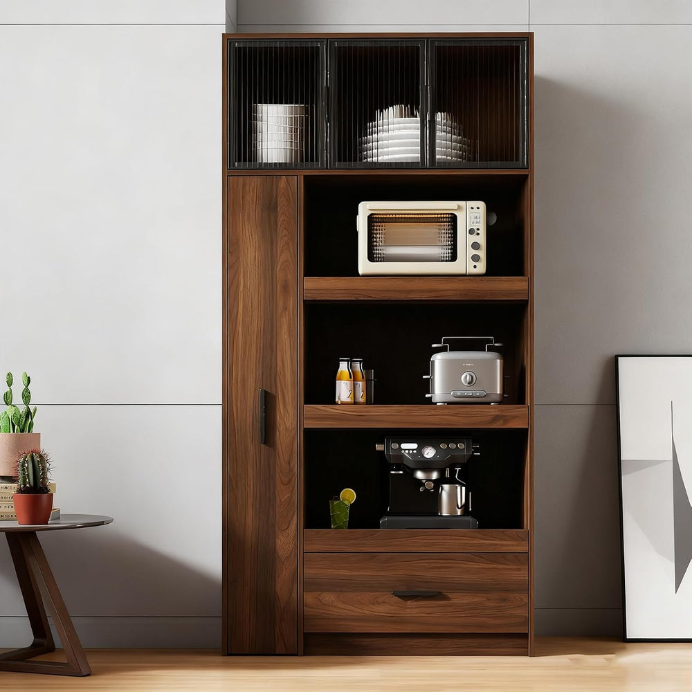 70.87" Tall Kitchen Pantry Cabinet, Walnut Wood Pantry Cabinet with 2 Dr...