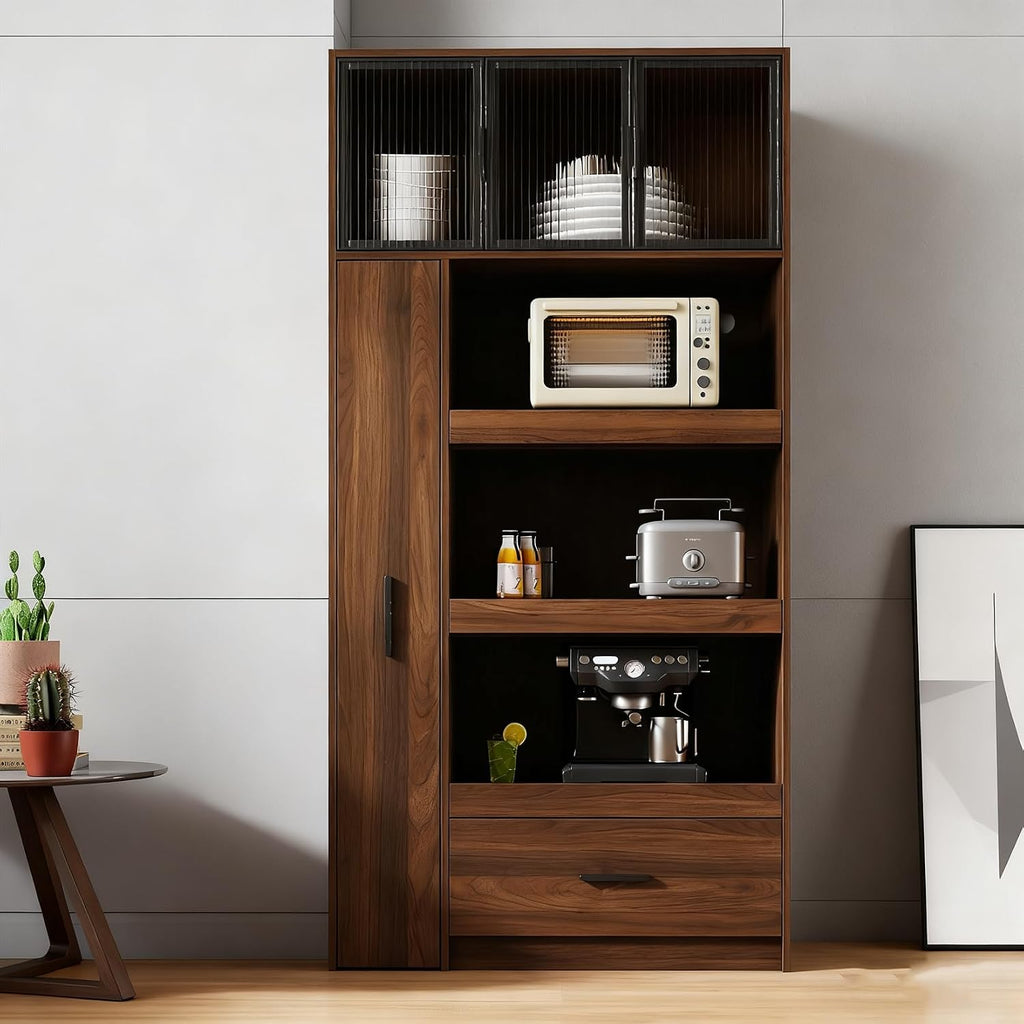 70.87" Tall Kitchen Pantry Cabinet, Walnut Wood Pantry Cabinet with 2 Drawers, 3 Sliding Tray, Aluminum Frame Glass Door Cabinets for Living Room, Dining Room,Garage,Basement, Walnut C
