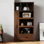 70.87" Tall Kitchen Pantry Cabinet, Walnut Wood Pantry Cabinet with 2 Drawers, 3 Sliding Tray, Aluminum Frame Glass Door Cabinets for Living Room, Dining Room,Garage,Basement, Walnut C