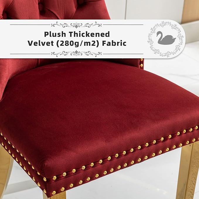 Velvet Upholstered Dining Chairs Set of 2, Modern Style Kitchen Side Chairs with Nailhead Trim and Gold Plated Leg, Metal Pulling Ring for Dining Room Living Room(Wine Red-Gold Plated Leg)