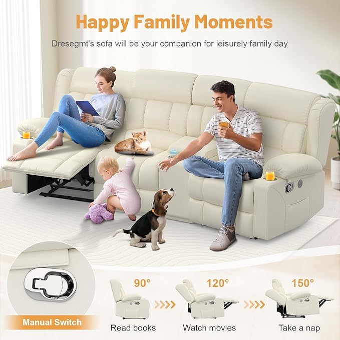 Recliner Sofa Set with Storage Console, Flip Middle Backrest Design 3 Seater Reclining Sofa and 2PC Single Recliner Chair, Manual Couches for Living Room (Ivory, 3 Seat+Console+1+1)