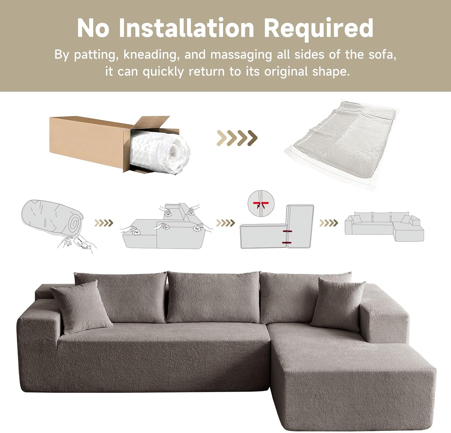 104" Cloud Sectional Couch, Modern Modular L Shape Sectional Sofa with Deep Seat Chaise, Comfy Boucle Boneless Couches for Living Room (Light Grey, Right Chaise)