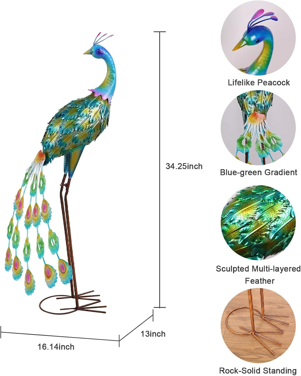 YEAHOME Garden Decor Outdoor Statues, 34" Large Metal Peacock Standing Y...