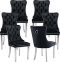 Mid Century Modern Dining Chairs Set of 6, Black Velvet Upholstered Tufted Back, Kitchen & Dining Room Chairs, Brushed Silver Metal Legs, Nailhead Trim, Sillas para Comedor (Black, 6 Pcs)