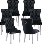 Mid Century Modern Dining Chairs Set of 6, Black Velvet Upholstered Tufted Back, Kitchen & Dining Room Chairs, Brushed Silver Metal Legs, Nailhead Trim, Sillas para Comedor (Black, 6 Pcs)