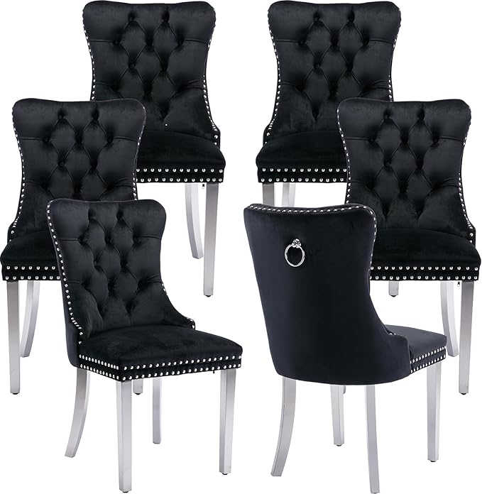 Mid Century Modern Dining Chairs Set of 6, Black Velvet Upholstered Tufted Back, Kitchen & Dining Room Chairs, Brushed Silver Metal Legs, Nailhead Trim, Sillas para Comedor (Black, 6 Pcs)
