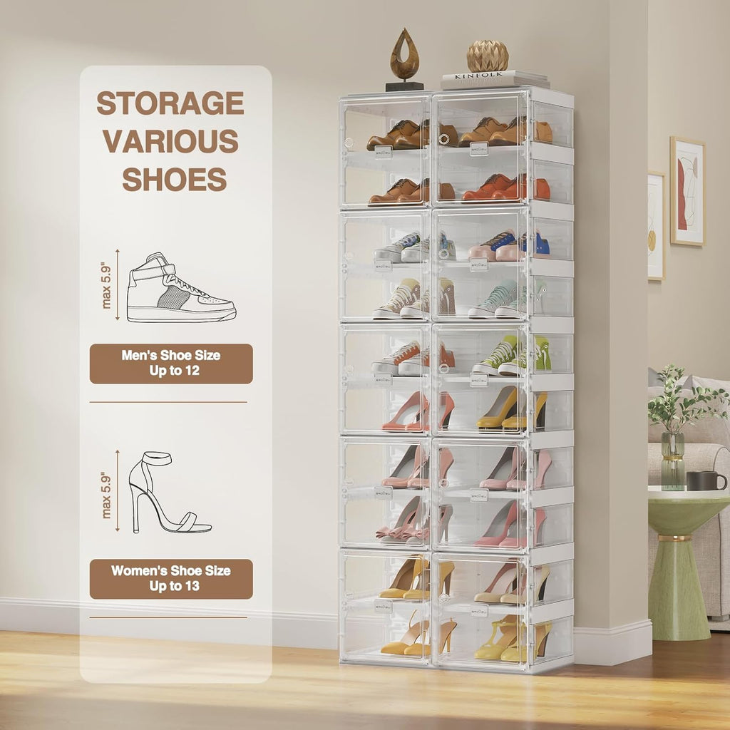 BROVIEW Foldable Shoe Rack, Large Stackable Sneaker Organizer Storage Box with Magnetic Clear Door, Plastic Folding Shoes Cabinet Bins, Shoe Shelf Space Saving for Closet, Entryway 10 Tier 20 Grids