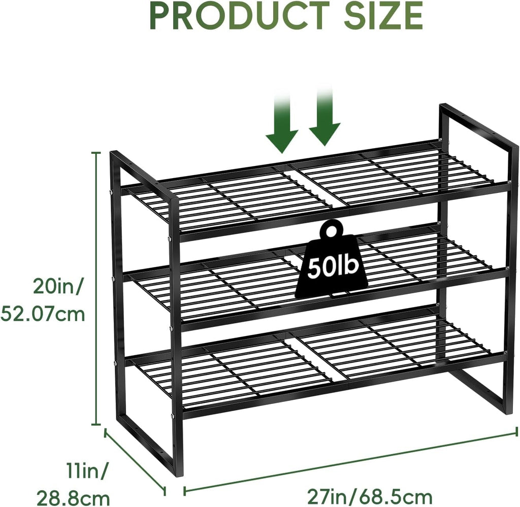 3-Tier Shoe Rack, 27" Wide Stackable Metal Wired Grid Shoe Shelf, Black | Sturdy Metal, Easy Assembly,Square-Tube Design, 9-12 Pairs of Shoes Storage Organizer for Closet, Entryway, Garage & Corridor