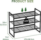 3-Tier Shoe Rack, 27" Wide Stackable Metal Wired Grid Shoe Shelf, Black | Sturdy Metal, Easy Assembly,Square-Tube Design, 9-12 Pairs of Shoes Storage Organizer for Closet, Entryway, Garage & Corridor