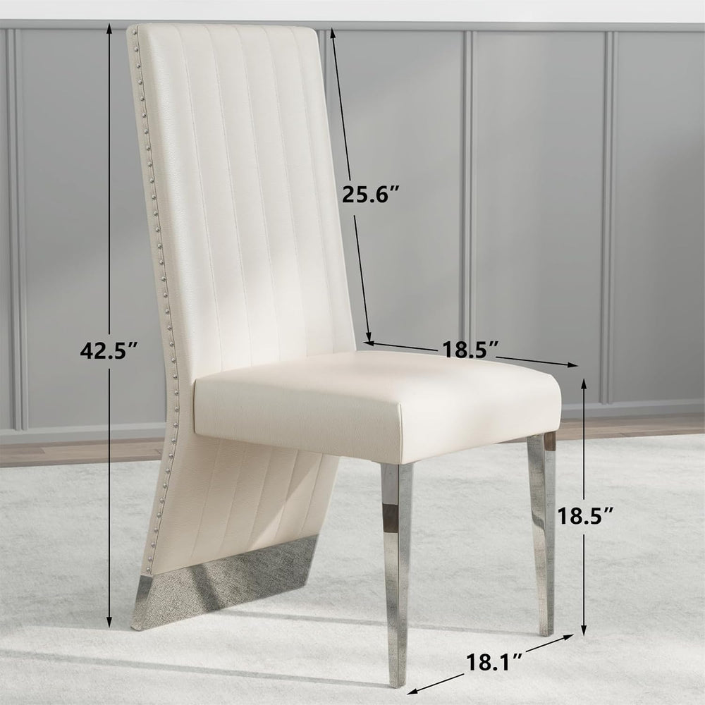 AUZ Modern White Leather Dining Chairs with Silver Mirrored Legs, Set of 2 | ...