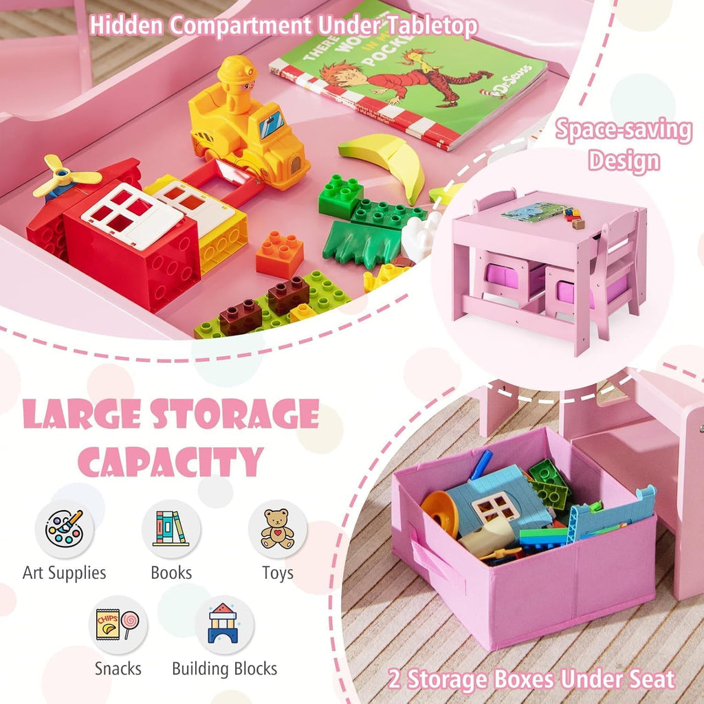 Kids Table and Chairs, 3 in 1 Wooden Kids Table with Storage Drawer, Removable Blackboard, Reversible Tabletop, Toddler Table and Chair Set for Drawing, Reading (Pink)