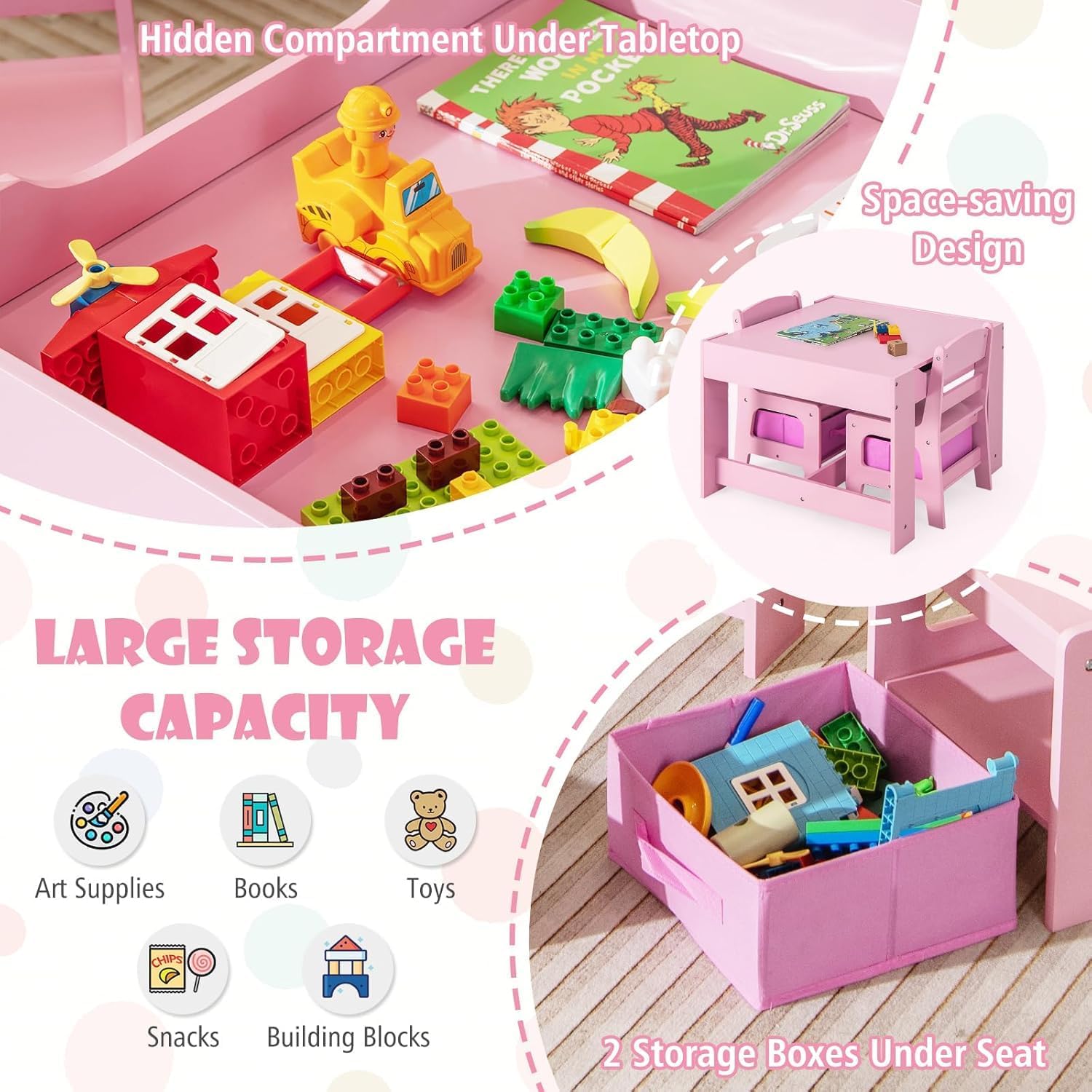 Kids Table and Chairs, 3 in 1 Wooden Kids Table with Storage Drawer, Removable Blackboard, Reversible Tabletop, Toddler Table and Chair Set for Drawing, Reading (Pink)