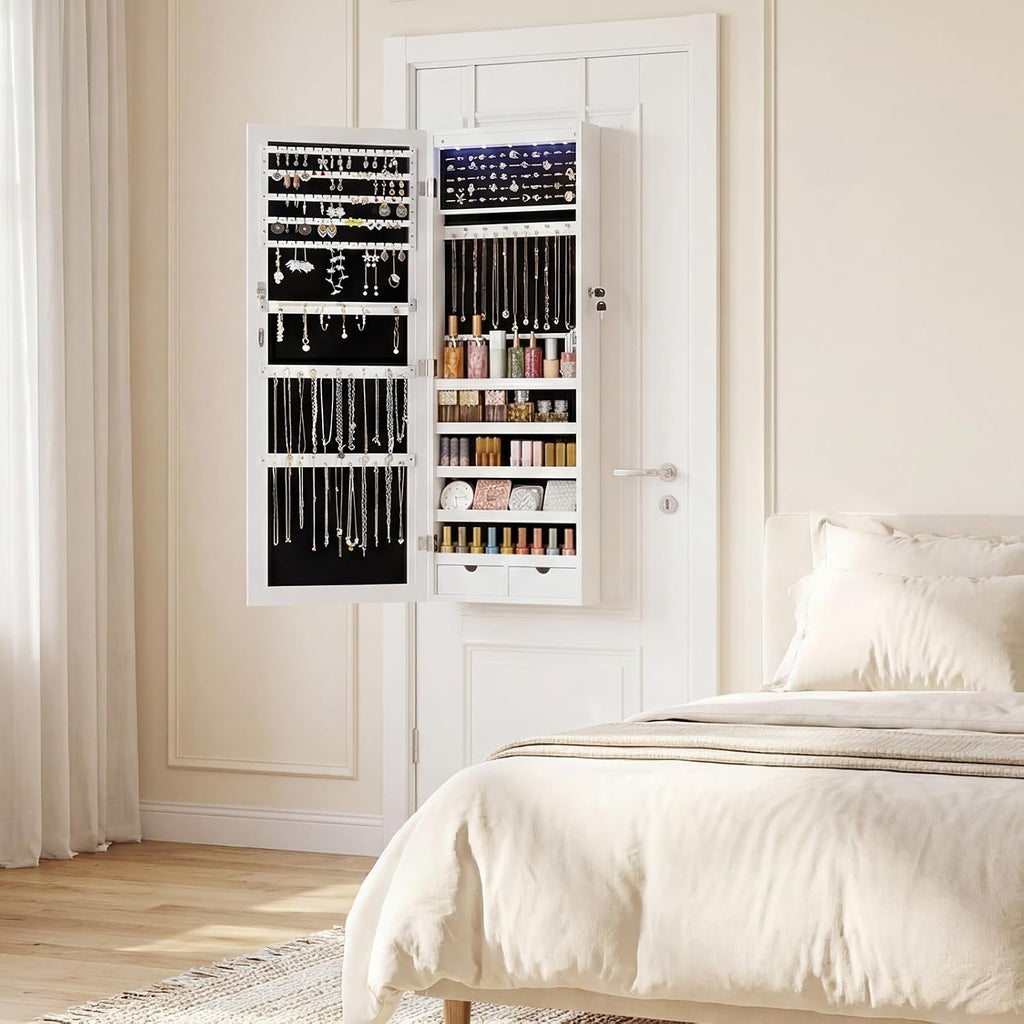 DUMOS 6 LEDs Mirror Jewelry Cabinet, Wall or Door Mounted Jewelry Organizer, 47.2-Inch Tall Lockable Large Capacity Cosmetic Storage, Gift Idea, White | Hanging Door or Wall Mounted Mirror, Lockable, Large Capacity Cosmetic Storage, 2 Drawers, Gift Idea