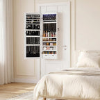 DUMOS 6 LEDs Mirror Jewelry Cabinet, Wall or Door Mounted Jewelry Organizer, 47.2-Inch Tall Lockable Large Capacity Cosmetic Storage, Gift Idea, White | Hanging Door or Wall Mounted Mirror, Lockable, Large Capacity Cosmetic Storage, 2 Drawers, Gift Idea
