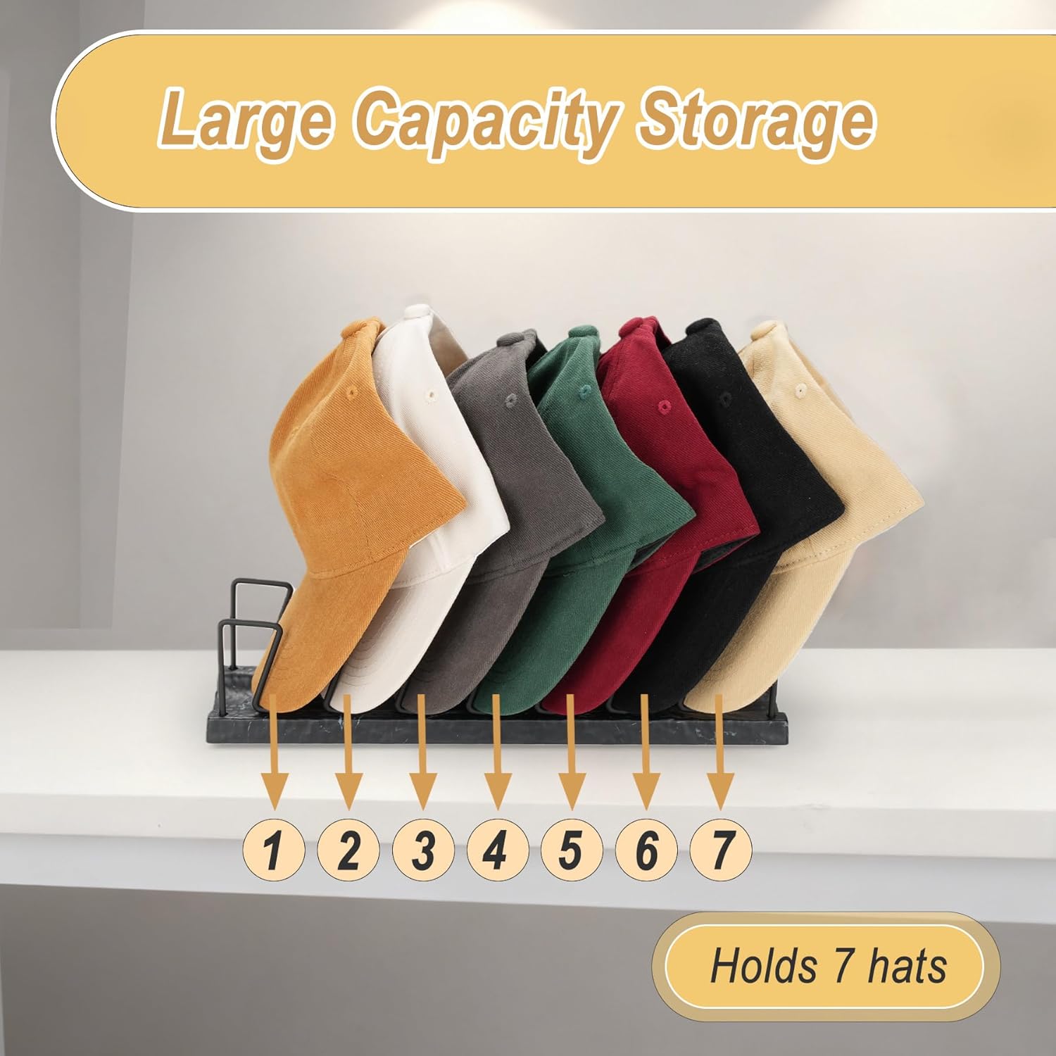 Hat Organizer for Baseball Caps - 7 Cap Organizer & Holder, Anti-Tip Metal Hat Rack & Display Stand, Quick-Install Hat Storage for Closet, Bedroom, Vanity (Black Marble Pattern, 1 Pack)