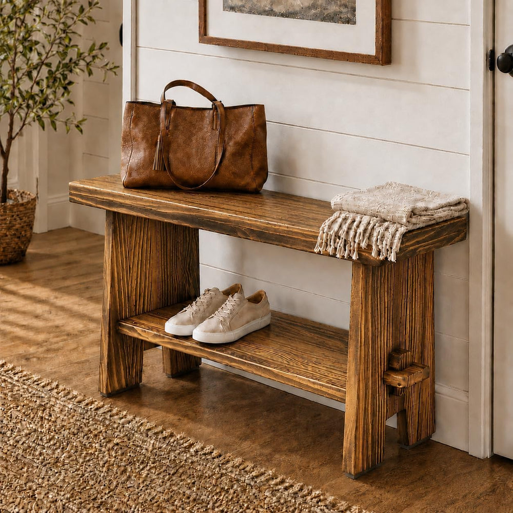 31.5" Solid Wood Entryway Bench, Farmhouse Rustic Storage Bench for Smal...