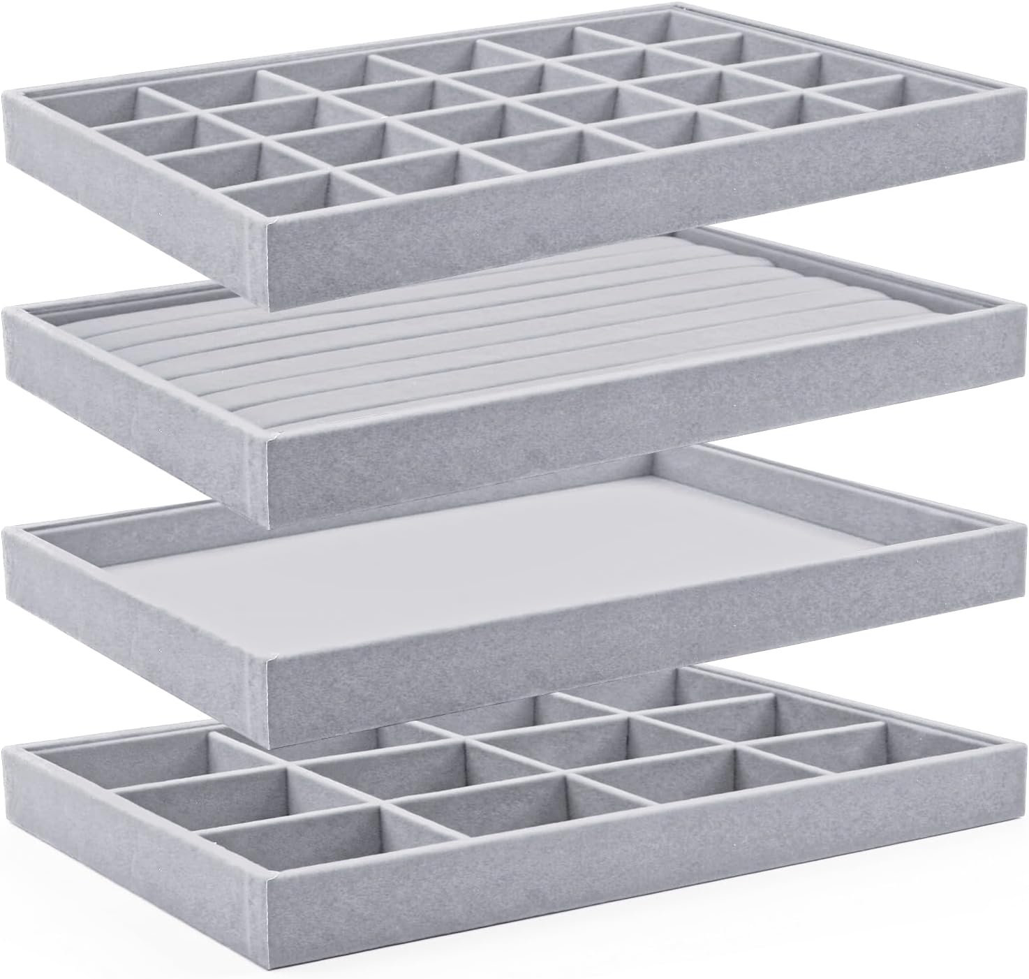 Lainrrew Jewelry Tray, 4 Pack Jewelry Organizer Velvet Jewelry Tray Stackable Jewelry Trays, Necklace & Earring Holder, Divided Bracelet & Ring Storage, 13.8"x9.5"x1.2" - Elegant Display Case (Gray)