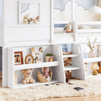 Loft Bed with Storage Shelves and Stairs，Antique White-P：Twin | House Loft Bed with Playhouse Shape Roof and Window