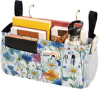 Watercolor Cornflower Daisy Bedside Caddy for Dorm Bed Bedside Hanging Caddy Bag Iron Frame Storage Organizer Pocket for Bunk Home College Hospital Beds 2 Hooks