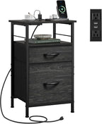 WLIVE Nightstand with Charging Station, Side Table with 2 Fabric Drawers, End Tables for Bedroom, Small Dresser, USB Ports and Outlets, Charcoal Black